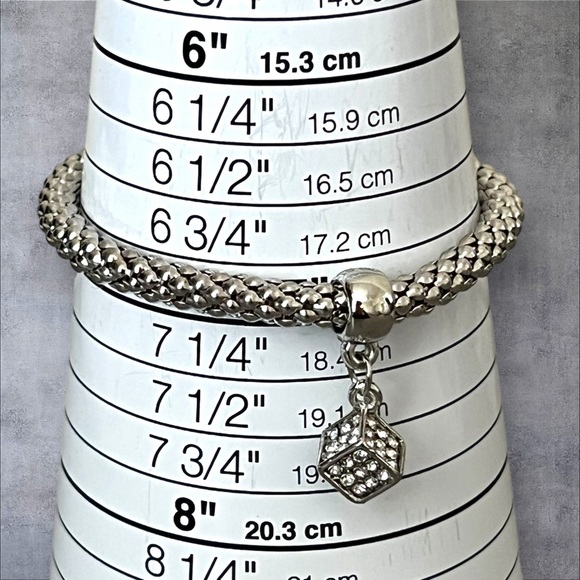 Stainless steel stretchy bracelet with paved  clear CZ cube Charm - Picture 4 of 4